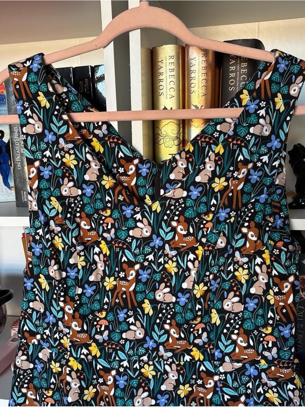 Black Floral & Deer Print V-Neck Dress